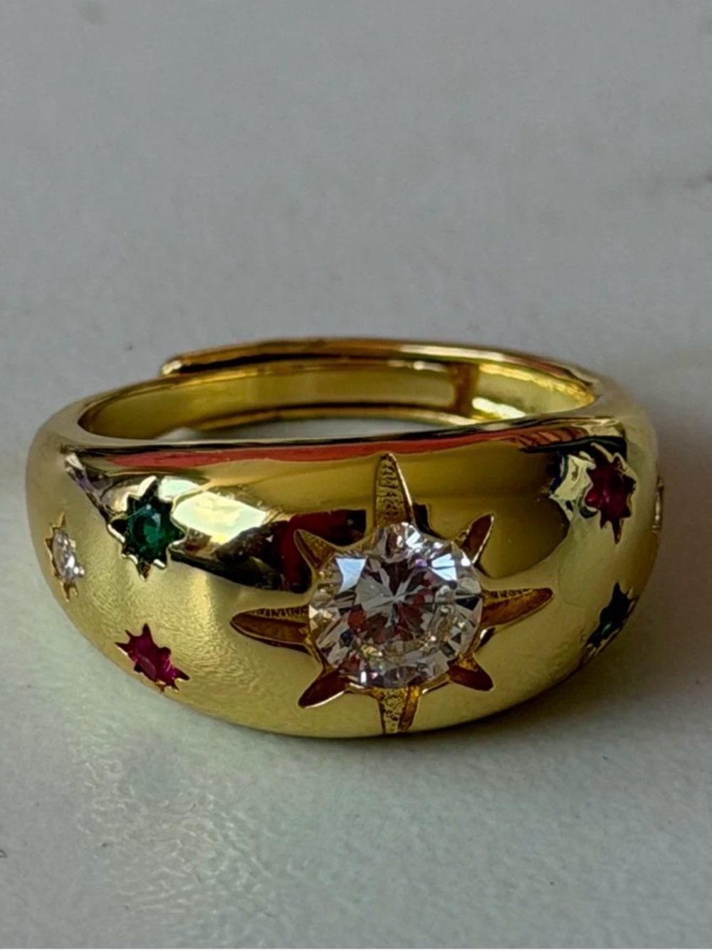 18k Gold Plated Dome Ring with Pink and Green Star CZ Accents.